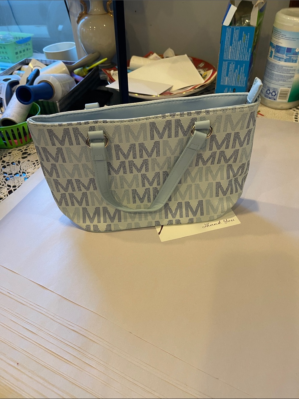 Light Blue Monogram Tote Bag - Unknown Brand